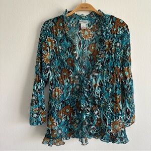 Vintage Y2K Blouse Floral Kim Rogers Front Tie 3/4 Flare Sleeves Fairy Sheer